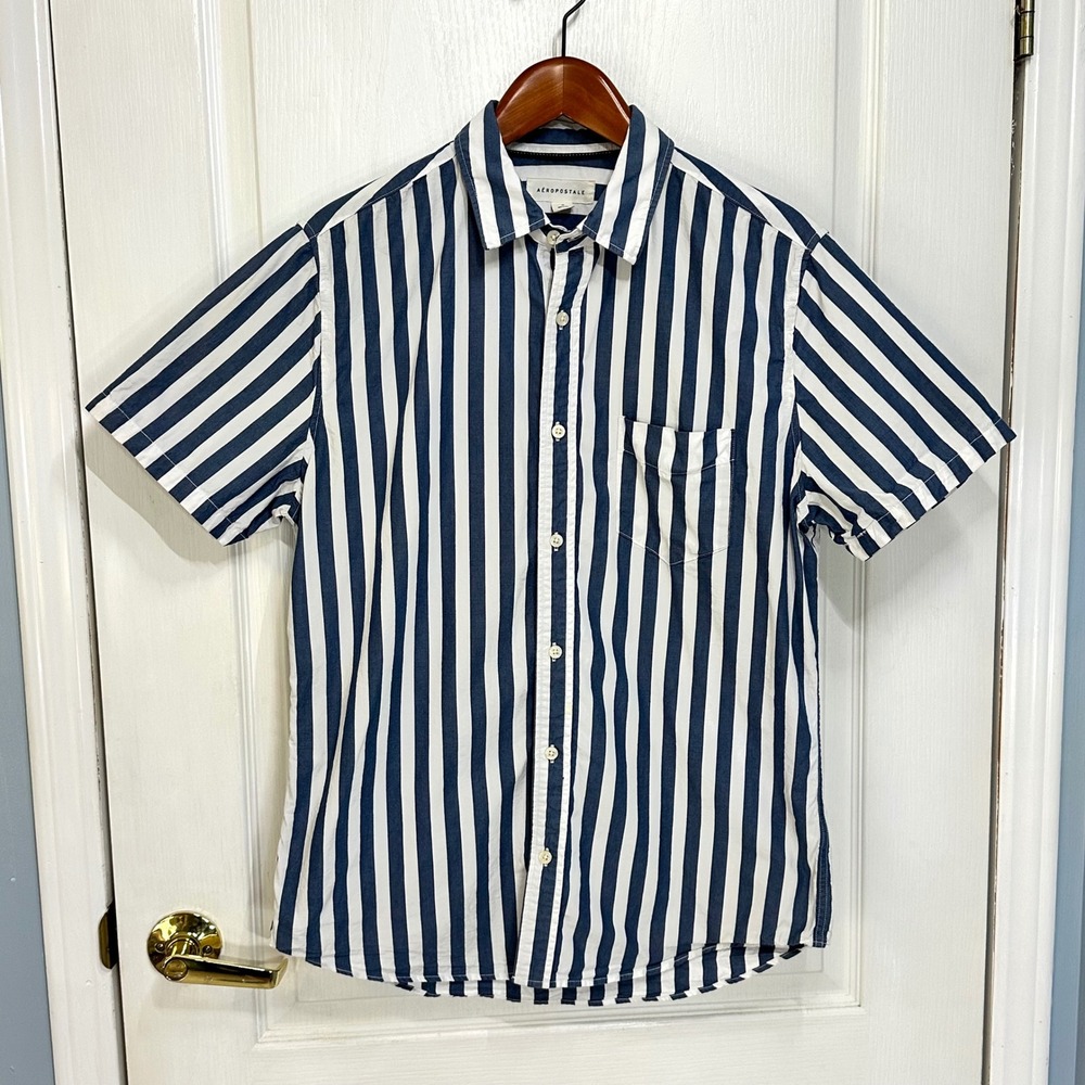 Aeropostale Mens Navy Blue White Striped Short Sleeve Button Down Shirt Medium